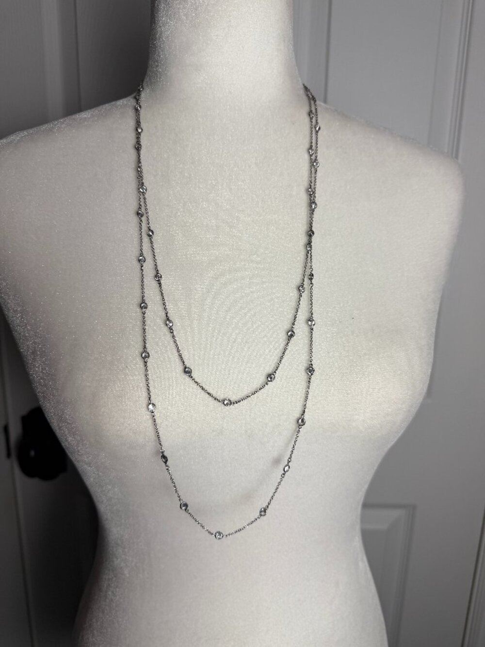 Extra Long Silver Tone & Crystal Station Necklace